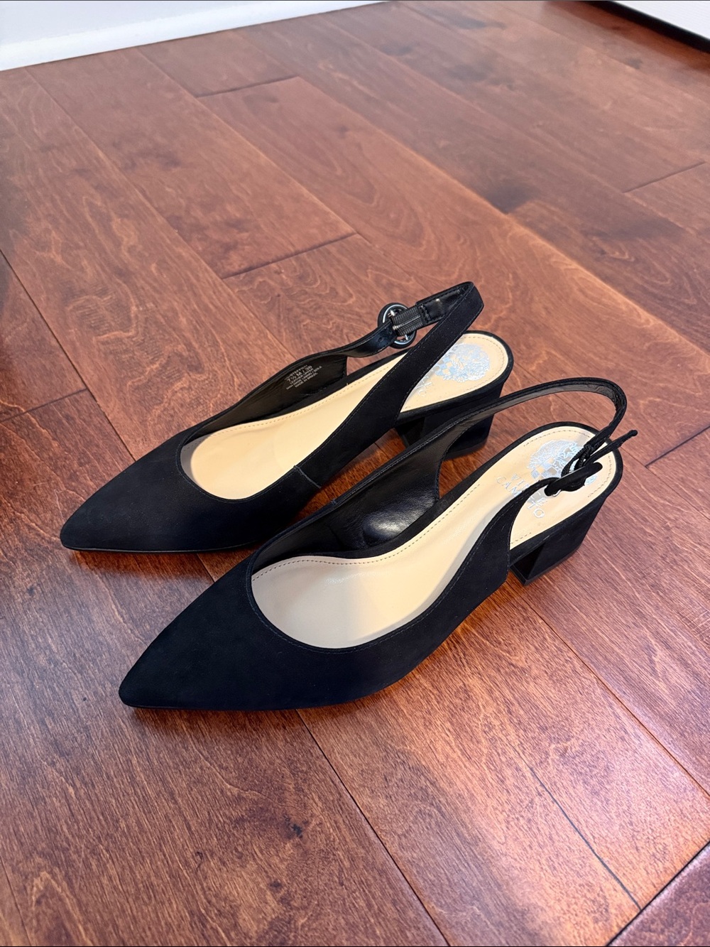 Vince Camuto Black Pointed Slingback Low Block Heel Pumps